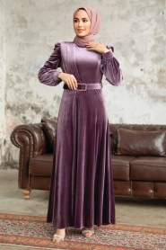 Neva Style - Dark Dusty Rose Velvet Hijab Dress 36910KGK - Thumbnail