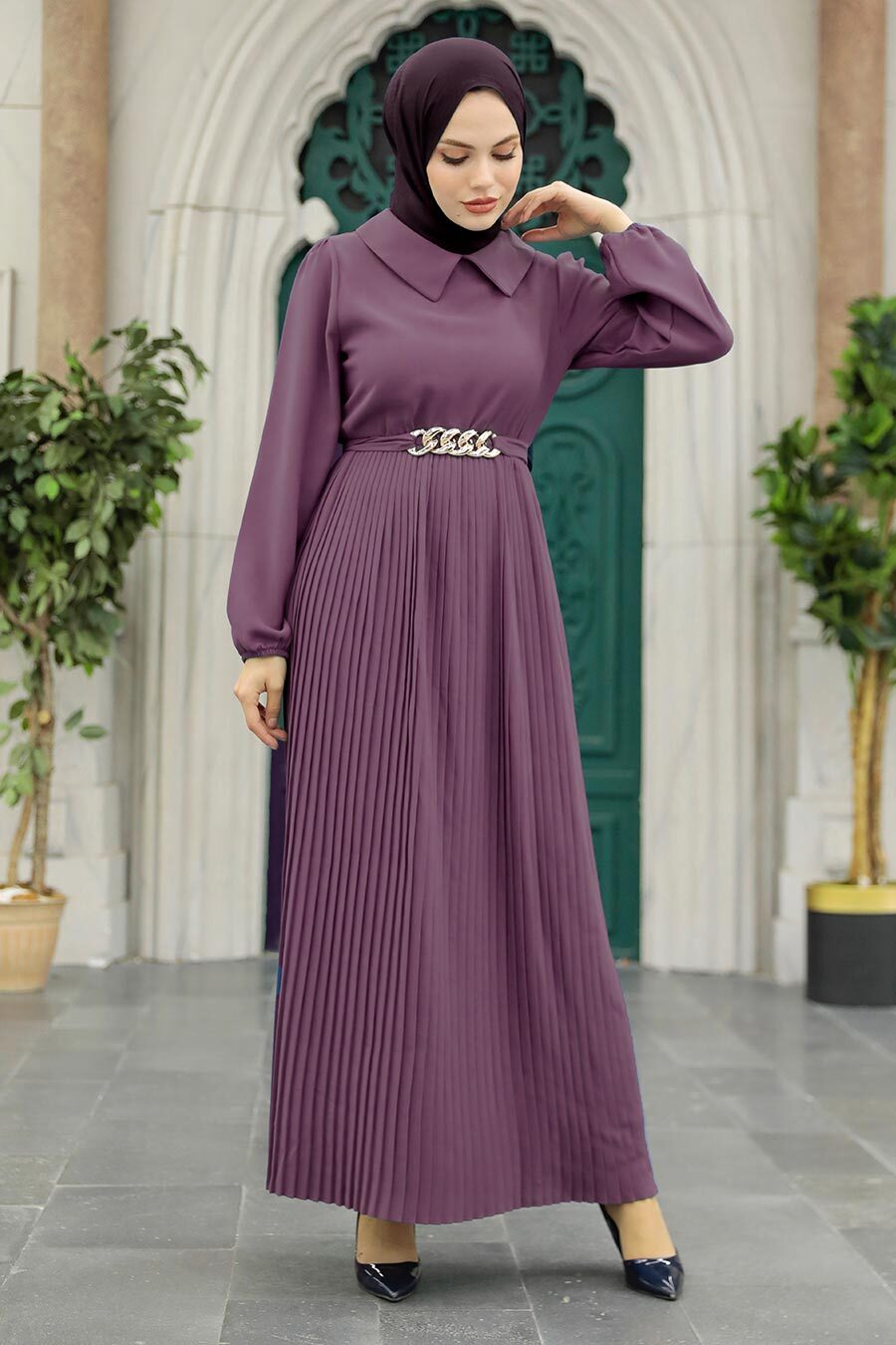Neva Style - Dark Lila Muslim Long Dress Style 34320KLILA