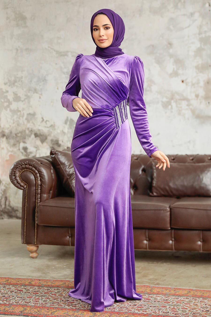 Neva Style - Dark Lila Velvet Hijab Dress 36891KLILA