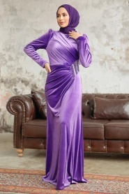 Neva Style - Dark Lila Velvet Hijab Dress 36891KLILA - Thumbnail