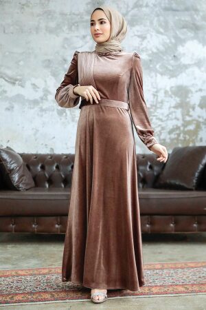 Neva Style - Dark Mink Velvet Hijab Dress 36910KV - Thumbnail