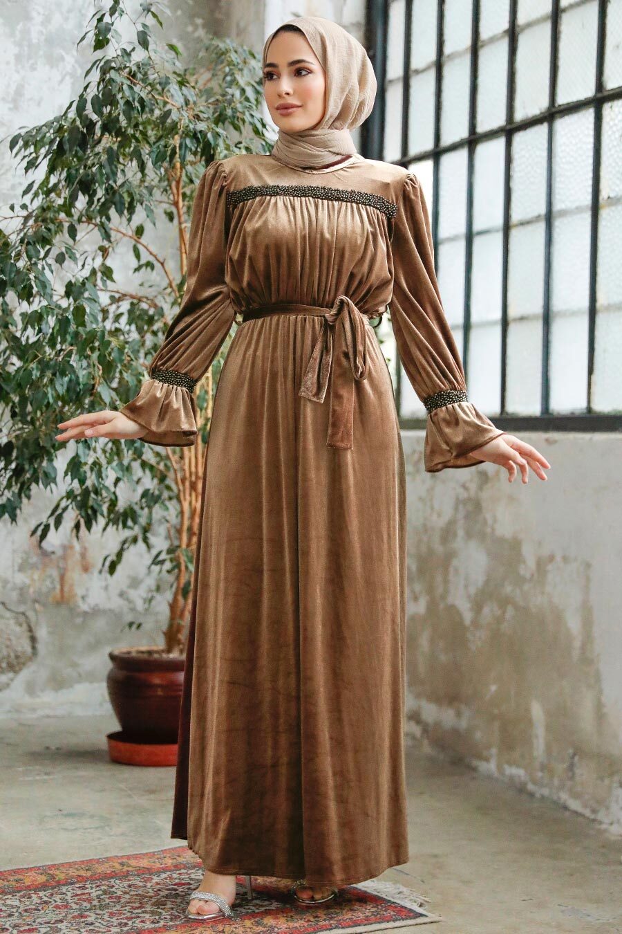 Neva Style - Dark Mink Velvet Long Dress for Muslim Ladies 37291KV
