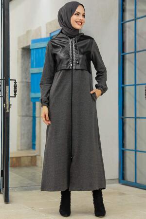 Neva Style - Deri Detaylı Füme Tesettür Kap 13620FU - Thumbnail