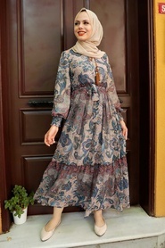 Neva Style - Desenli İndigo Mavisi Tesettür Elbise 76440IM - Thumbnail