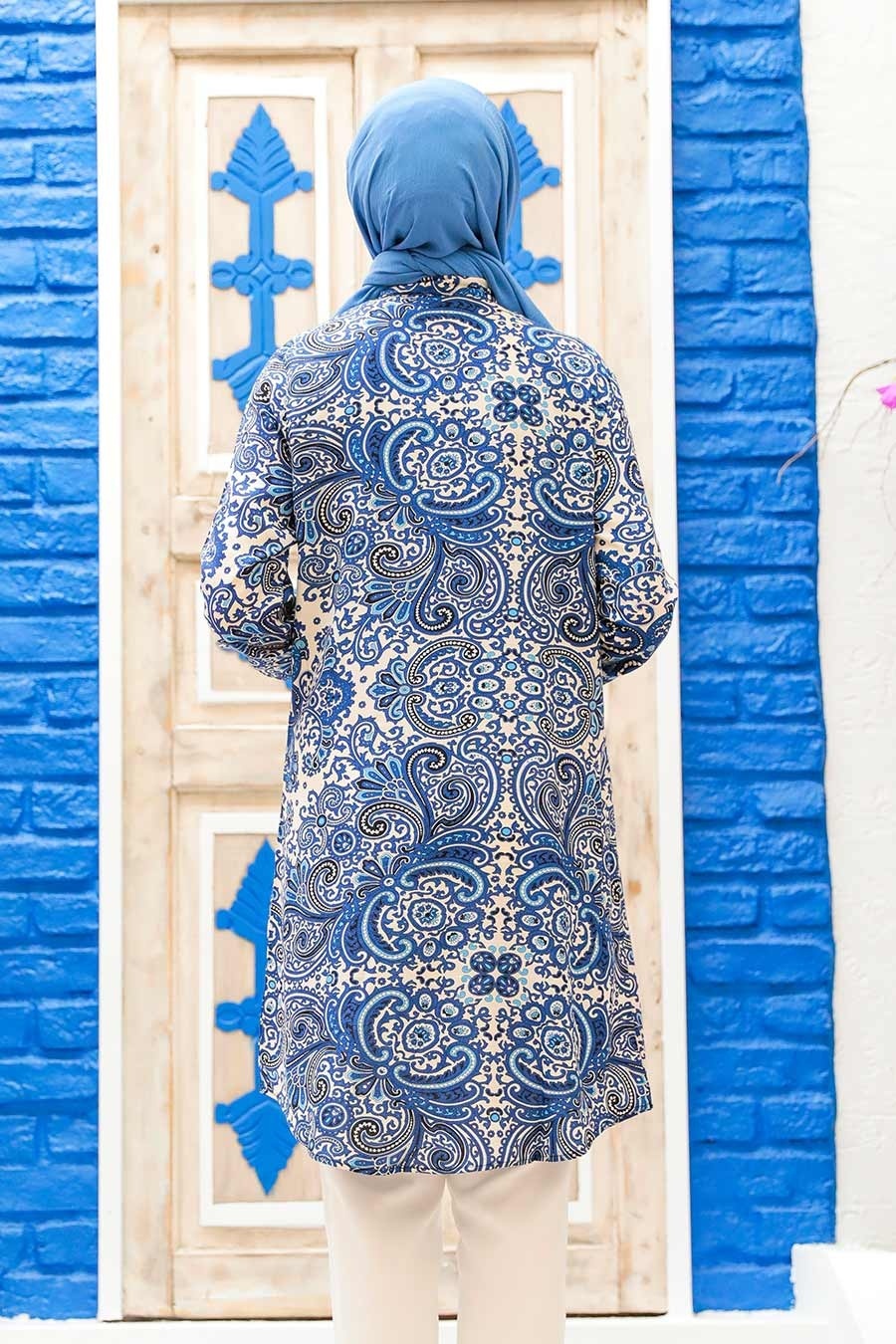 Neva Style - Desenli İndigo Mavisi Tesettür Viskon Tunik 11524IM