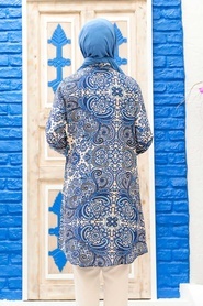 Neva Style - Desenli İndigo Mavisi Tesettür Viskon Tunik 11524IM - Thumbnail