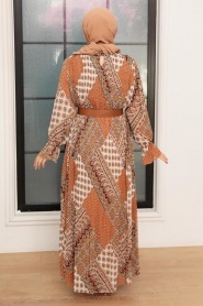 Neva Style - Desenli Kahverengi Tesettür Elbise 23402KH - Thumbnail