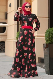 Neva Style - Desenli Siyah Tesettür Elbise 76937S - Thumbnail