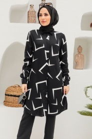 Neva Style - Desenli Siyah Tesettür Viskon Tunik 11582S - Thumbnail