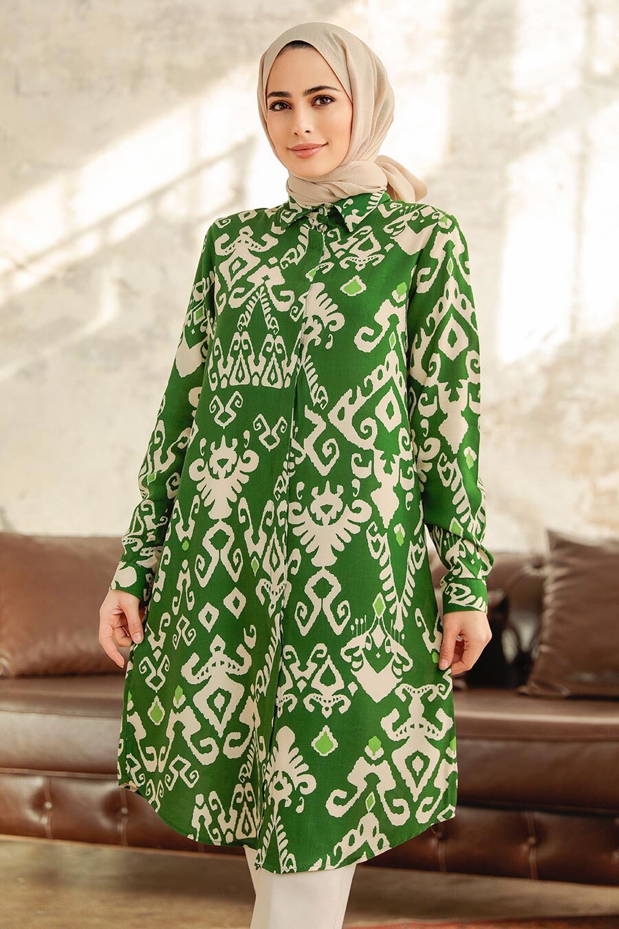 Neva Style - Desenli Yeşil Tesettür Viskon Tunik 11627Y