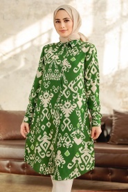 Neva Style - Desenli Yeşil Tesettür Viskon Tunik 11627Y - Thumbnail