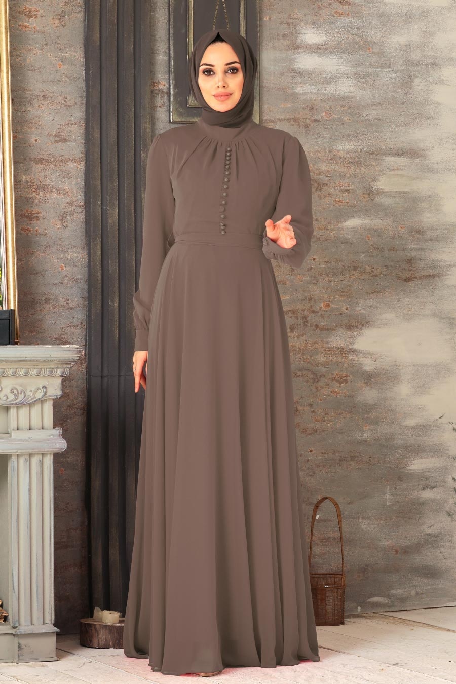 Neva Style - Düğme Detaylı Kahverengi Tesettür Elbise 2703KH
