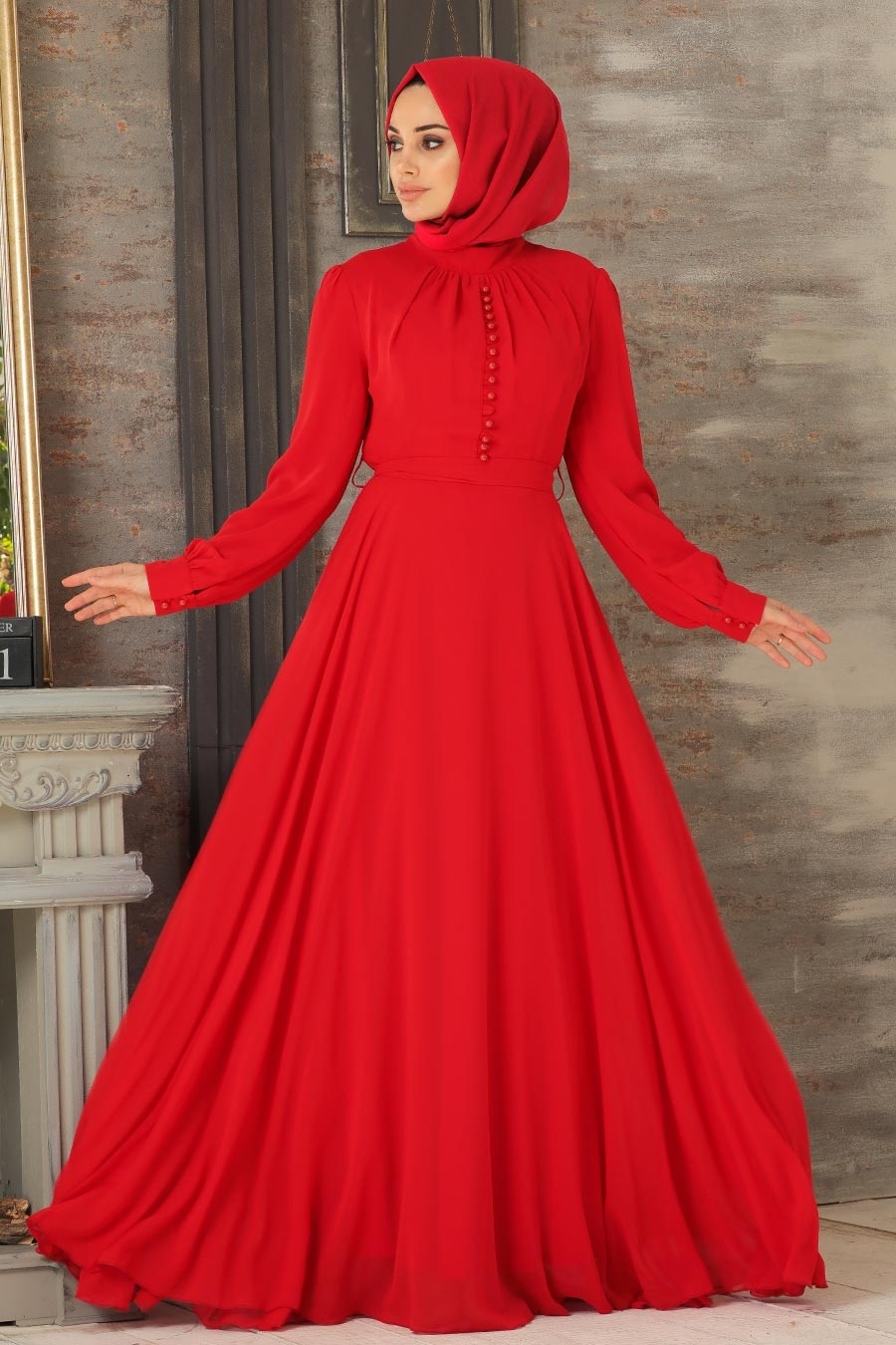Neva Style - Düğme Detaylı Kırmızı Tesettür Elbise 2703K