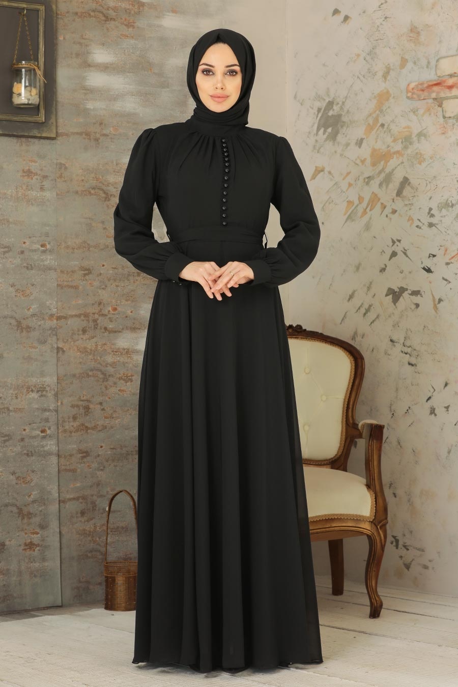 Neva Style - Düğme Detaylı Siyah Tesettür Elbise 2703S