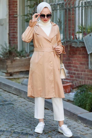Neva Style - Düğmeli Camel Tesettür Trençkot 135C - Thumbnail