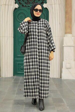 Neva Style - Ekoseli Siyah Tesettür Kaşe Kap 5663S - Thumbnail