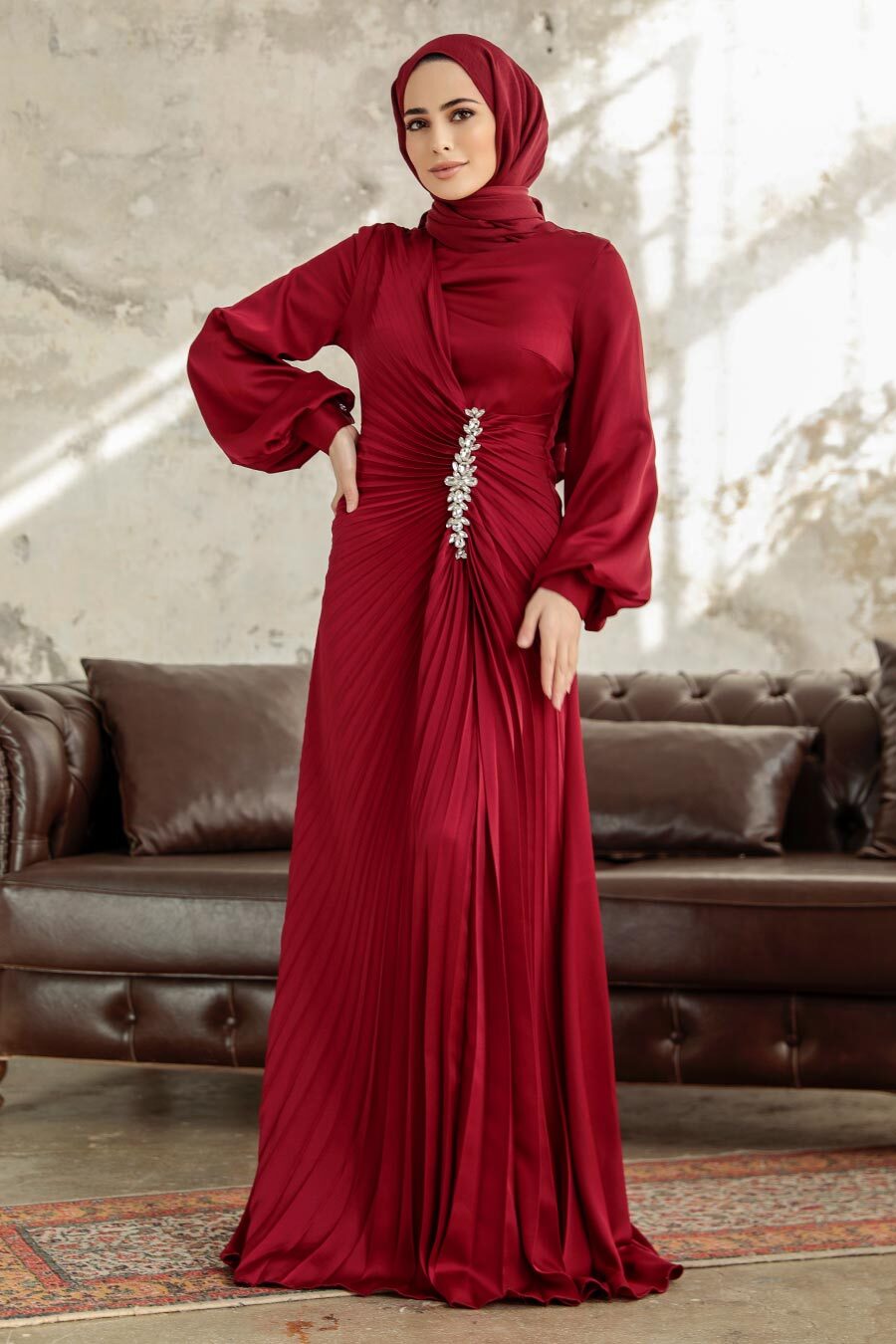 Neva Style - Elegant Claret Red Islamic Bridesmaid Dress 3933BR