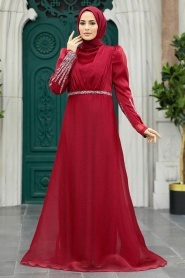 Neva Style - Elegant Claret Red Muslim Engagement Dress 25854BR - Thumbnail
