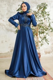 Neva Style - Elegant Navy Blue Modest Islamic Clothing Evening Dress 22221L - Thumbnail