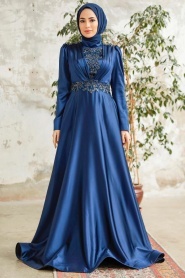 Neva Style - Elegant Navy Blue Modest Islamic Clothing Evening Dress 22221L - Thumbnail