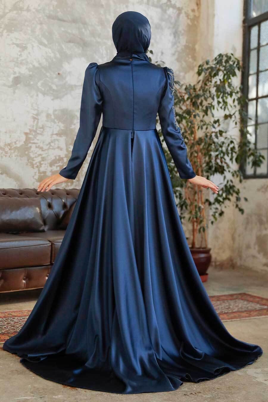 Neva Style - Elegant Navy Blue Modest Evening Gown 22881L