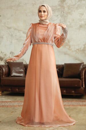 Neva Style - Elegant Salmon Pink Muslim Engagement Dress 25854SMN - Thumbnail