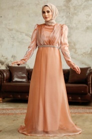 Neva Style - Elegant Salmon Pink Muslim Engagement Dress 25854SMN - Thumbnail