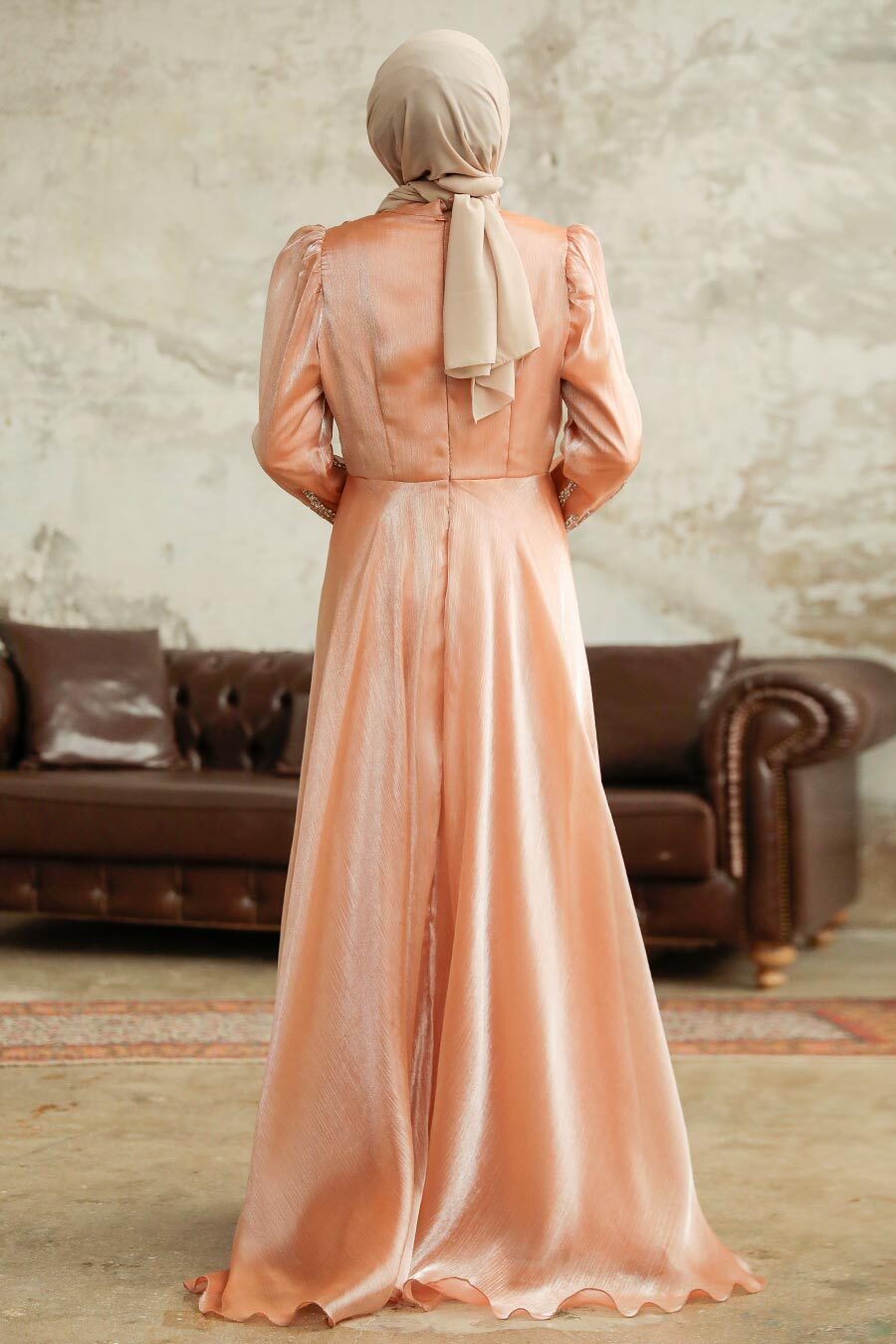 Neva Style - Elegant Salmon Pink Muslim Engagement Dress 25854SMN