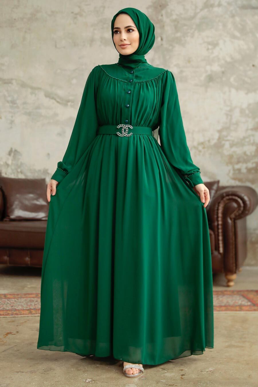Neva Style - Emerald Green Hijab For Women Dress 33284ZY