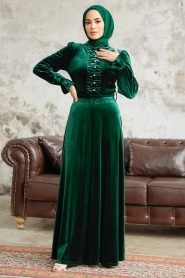 Neva Style - Emerald Green Velvet Hijab Maxi Dress 37091ZY - Thumbnail