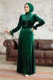 Neva Style - Emerald Green Velvet Hijab Maxi Dress 37091ZY - Thumbnail