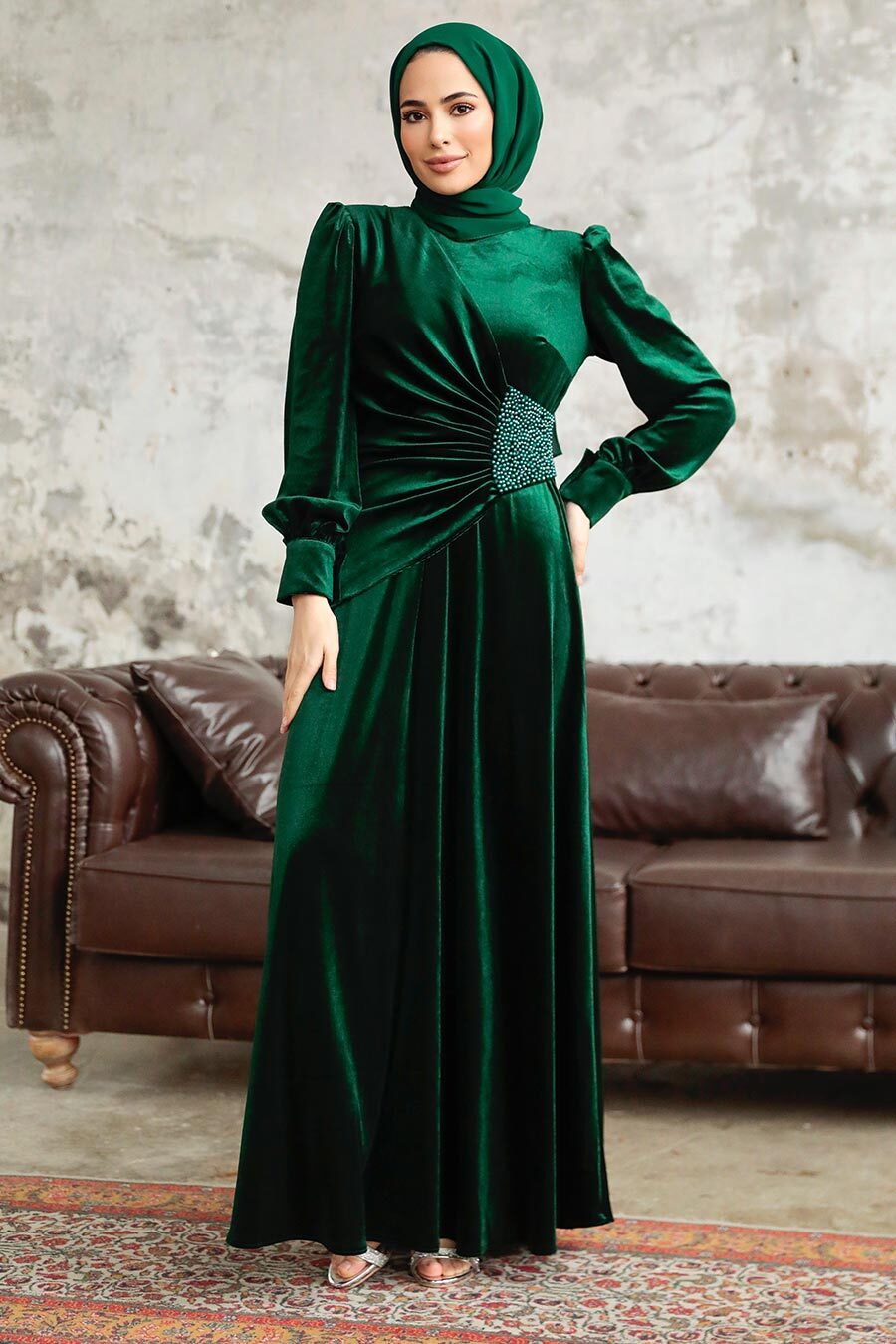 Neva Style - Emerald Green Velvet Long Dress 3845ZY