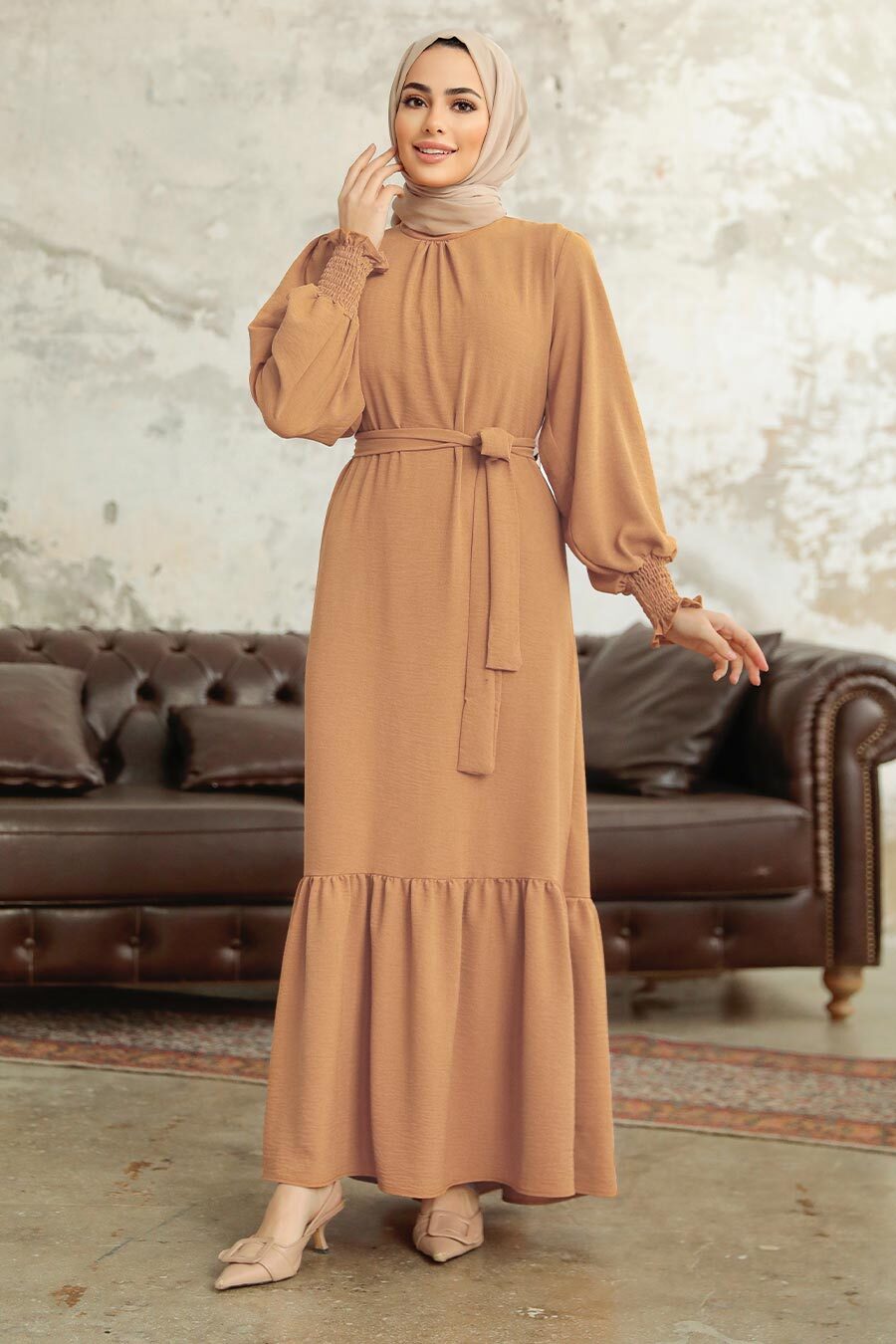 Neva Style - Etek Ucu Volanlı Bisküvi Tesettür Elbise 5972BS