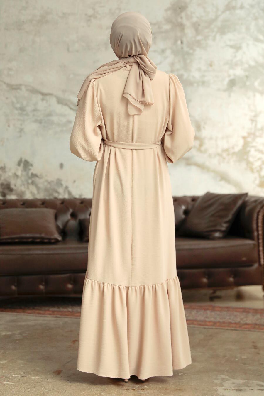 Neva Style - Etek Ucu Volanlı Krem Tesettür Elbise 5972KR