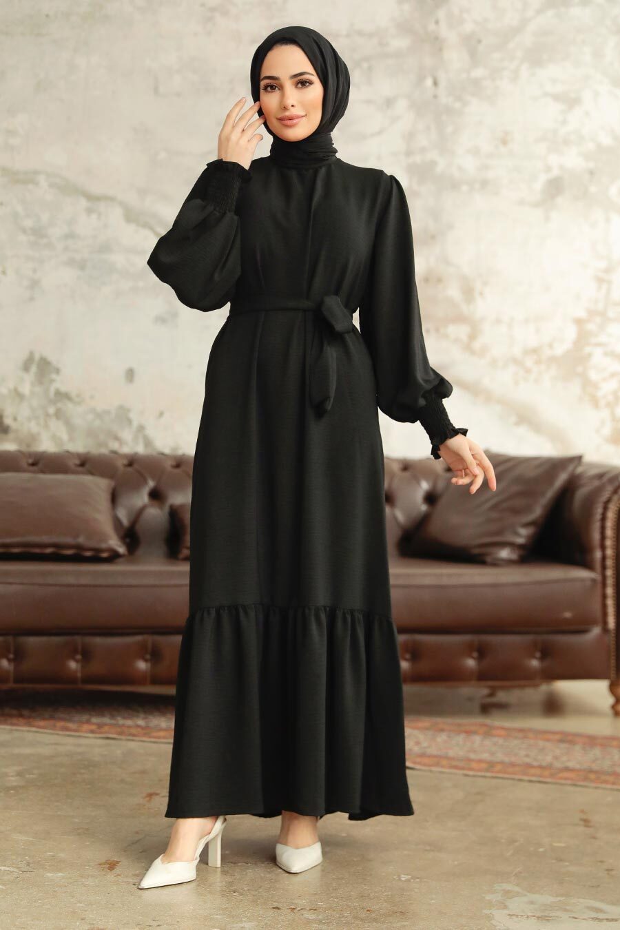 Neva Style - Etek Ucu Volanlı Siyah Tesettür Elbise 5972S