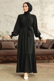 Neva Style - Etek Ucu Volanlı Siyah Tesettür Elbise 5972S - Thumbnail