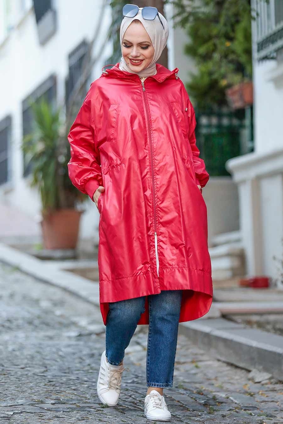 Neva Style - Fermuarlı Kırmızı Tesettür Yağmurluk Kap 12840K
