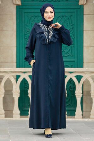 Neva Style - Fermuarlı Lacivert Tesettür Ferace 380100L - Thumbnail