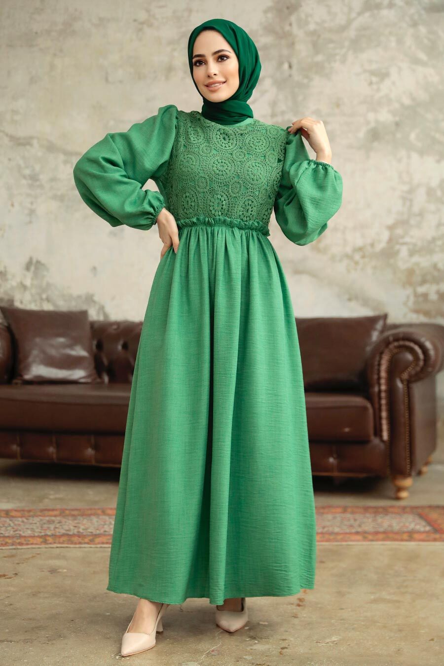 Neva Style - Green Long Dress for Muslim Ladies 5857Y