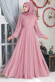 Neva Style - İnci Detaylı Pudra Tesettür Abiye Elbise 50080PD - Thumbnail