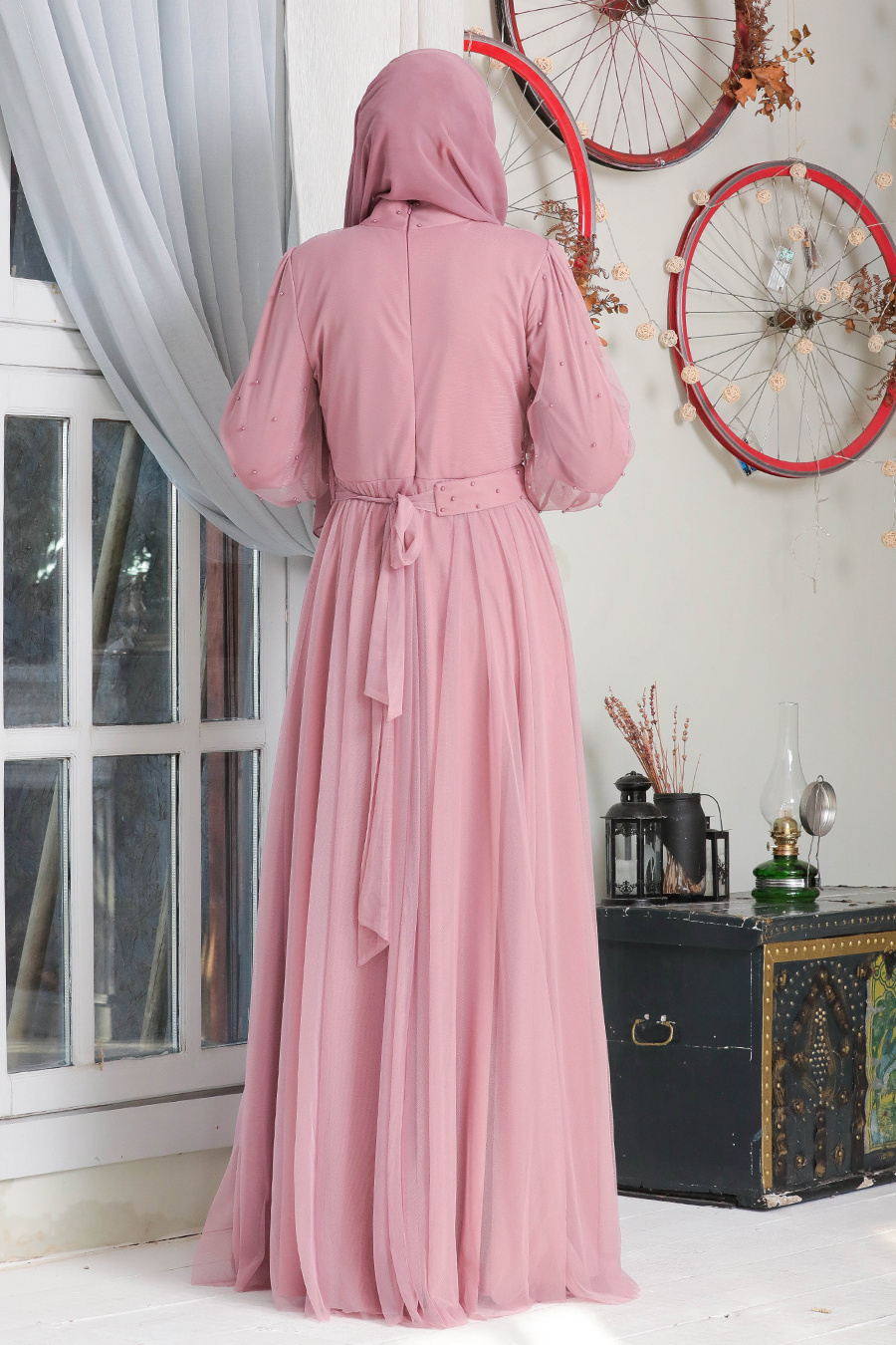 Neva Style - İnci Detaylı Pudra Tesettür Abiye Elbise 50080PD