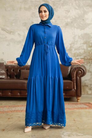 Neva Style - İndigo Blue High Quality Dress 5878IM - Thumbnail