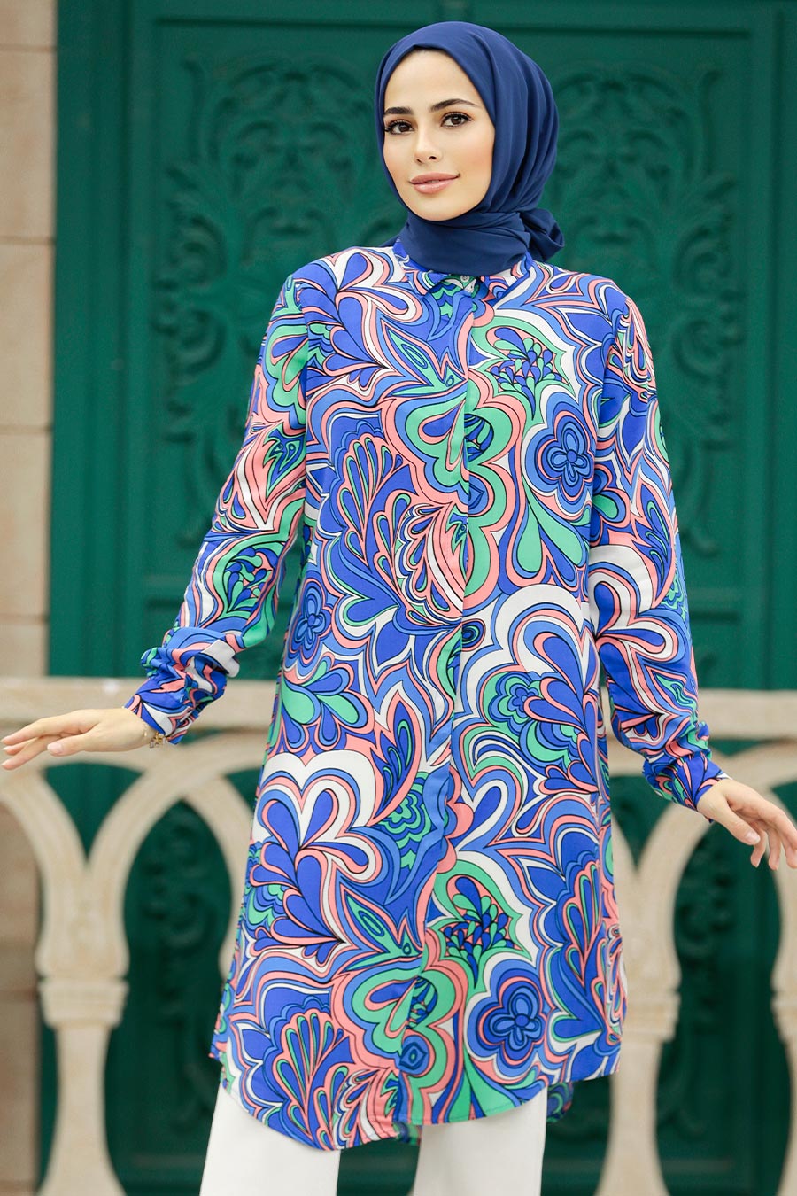 Neva Style - İndigo Blue Hijab For Women Tunic 11605IM - Neva-style.com
