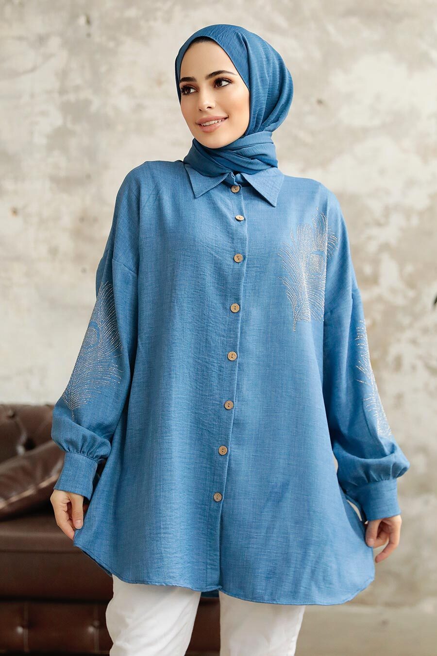 Neva Style - İndigo Blue Hijab Tunic 11351IM