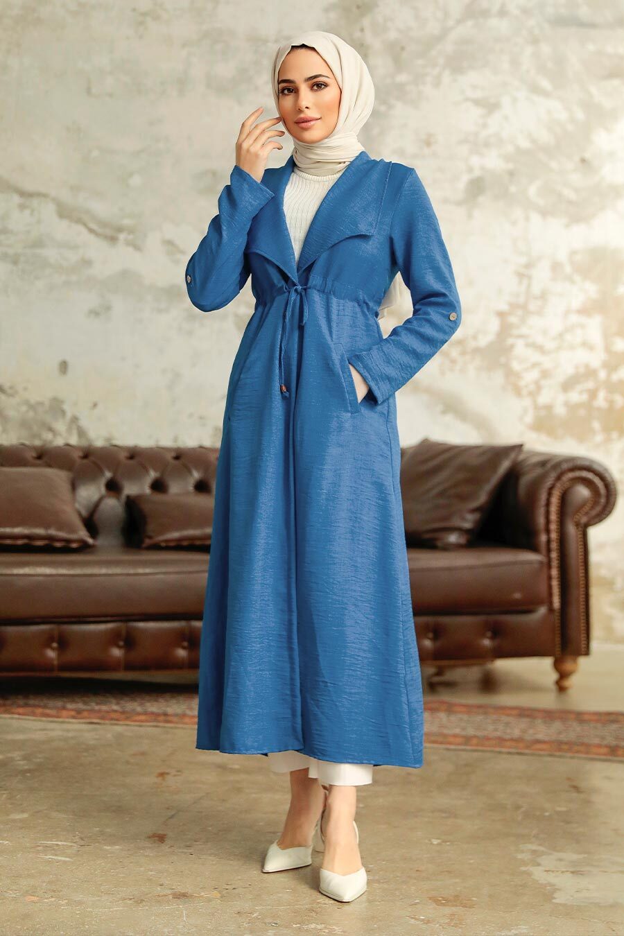 Neva Style - İndigo Blue Long Sleeve Coat 11341IM