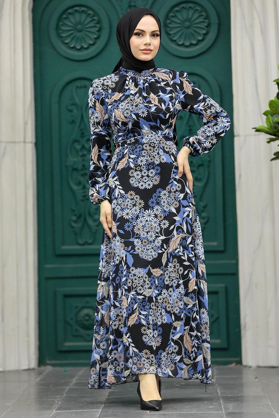 Neva Style - İndigo Blue Long Sleeve Dress 27950IM