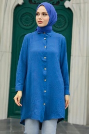 Neva Style - İndigo Blue Long Sleeve Tunic 1149IM - Thumbnail