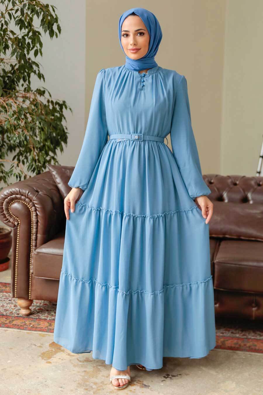 Neva Style - Kat Piliseli Mavi Tesettür Elbise 57250M