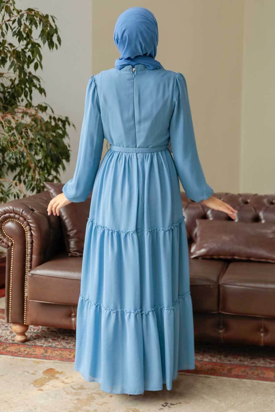 Neva Style - Kat Piliseli Mavi Tesettür Elbise 57250M