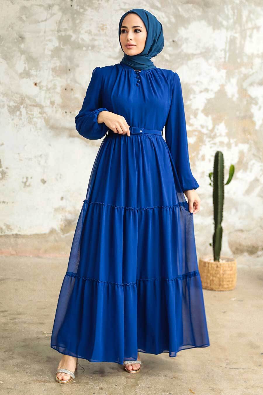 Neva Style - Kat Piliseli Sax Mavisi Tesettür Elbise 57250SX